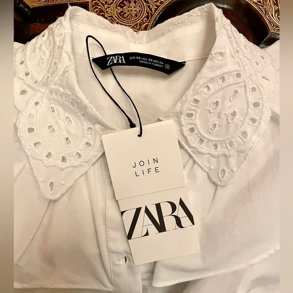 ZARA 100% Eco Cotton - Victorian Ruffle Collar White Blouse - Picture 7 of 8